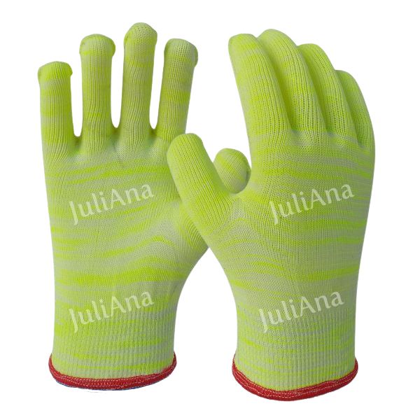 Par de luvas Juli-Ana em fio verde-limão de alta visibilidade com punho vermelho